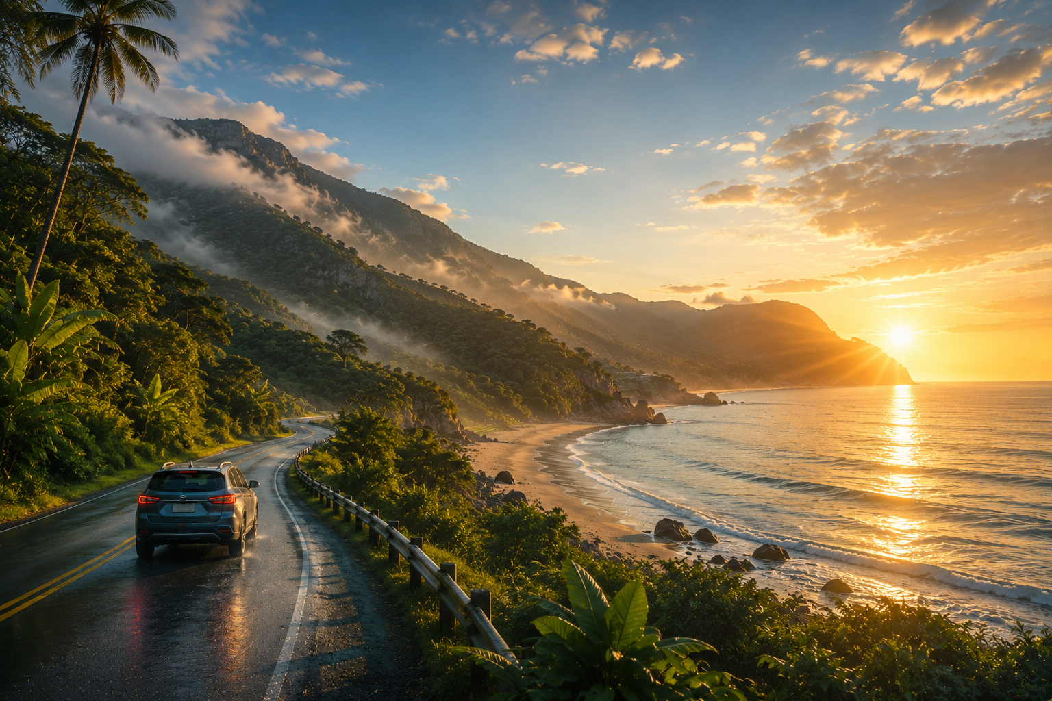 Sunrise over a coastal road winding along green mountains above the sea